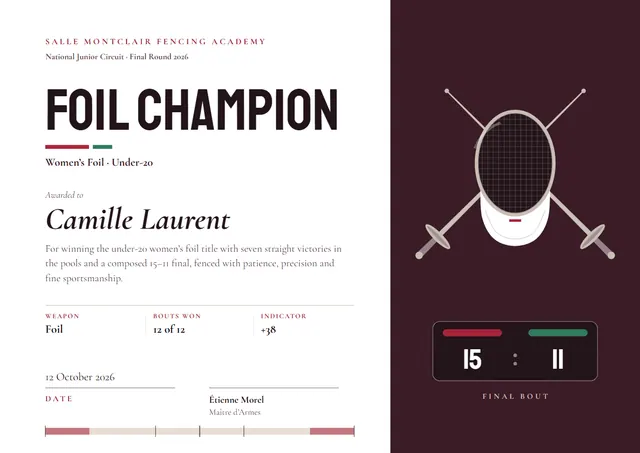 Burgundy Chart Fencing Certificate template, A4 landscape, in burgundy