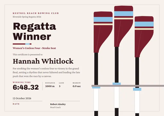 Burgundy Chart Rowing Certificate template, A4 landscape, in burgundy