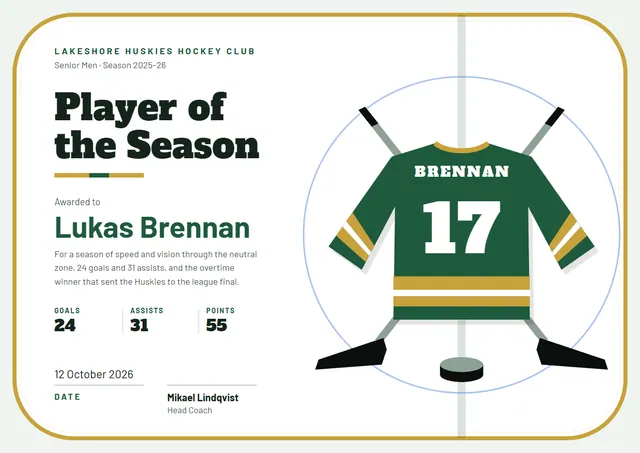 Forest Green Wave Ice Hockey Certificate template, A4 landscape, in forest green