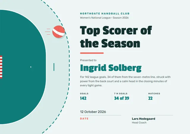 Teal Wave Handball Certificate template, A4 landscape, in teal