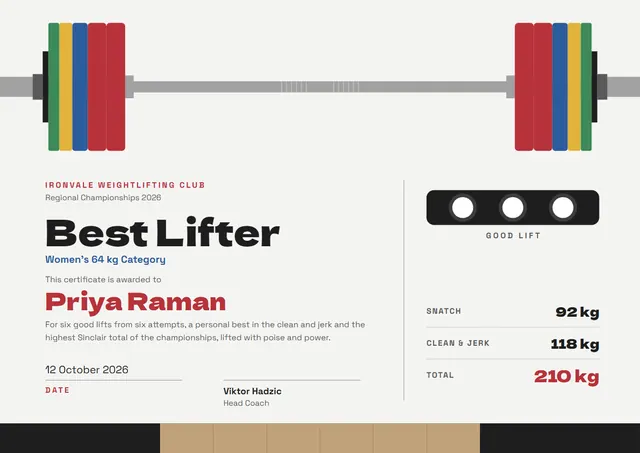 Red Banded Weightlifting Certificate template, A4 landscape, in red
