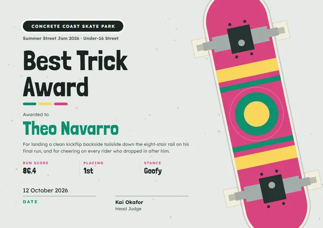 Rose Sunburst Skateboarding Certificate template, A4 landscape, in rose