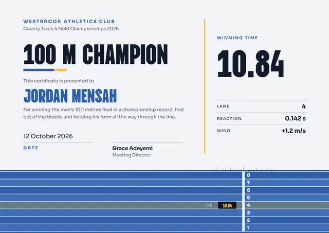 Steel Blue Geometric Sprint Athletics Certificate template, A4 landscape, in steel blue