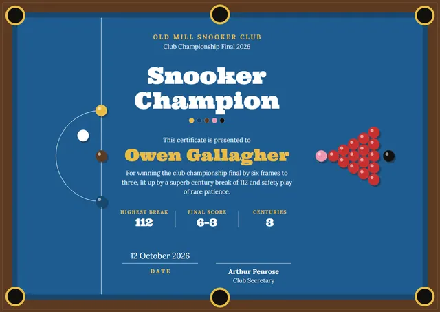 Chocolate Chart Snooker Certificate template, A4 landscape, in chocolate