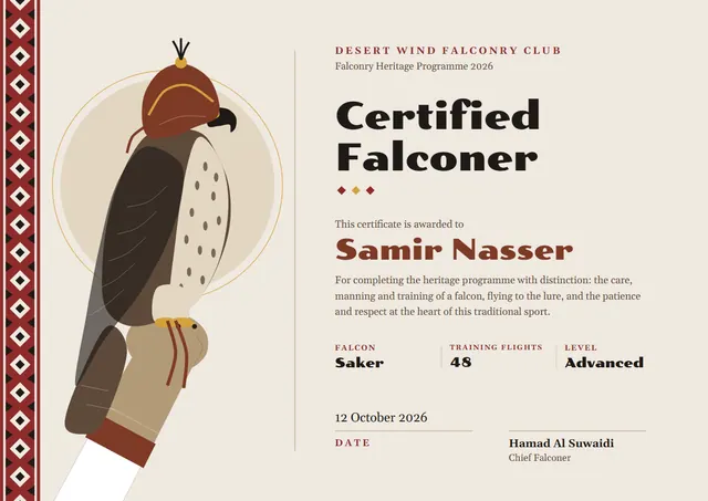Chocolate Sunburst Falconry Certificate template, A4 landscape, in chocolate