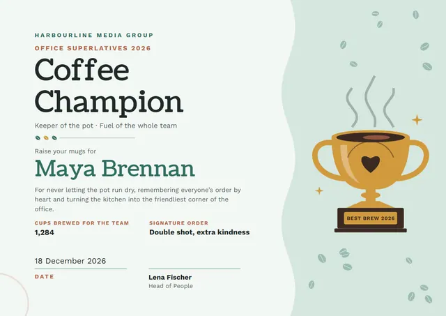 Jade Trophy Coffee Champion Award template, A4 landscape, in jade