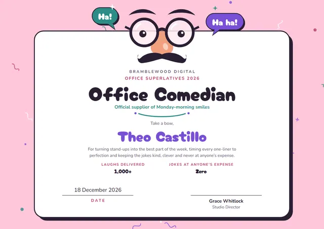 Charcoal Starry Office Comedian Award template, A4 landscape, in charcoal grey