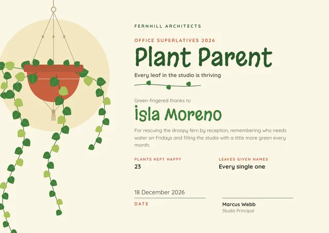 Jade Sunburst Plant Parent Award template, A4 landscape, in jade