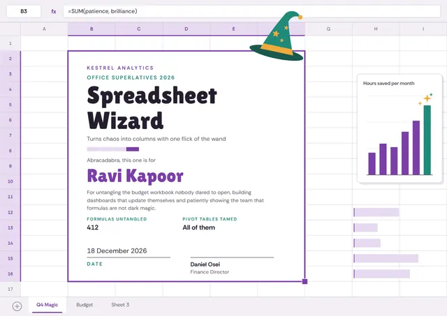 Purple Starry Spreadsheet Wizard Award template, A4 landscape, in purple