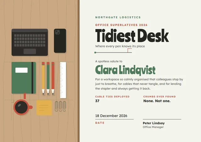 Gold Ribbon Tidiest Desk Award template, A4 landscape, in gold