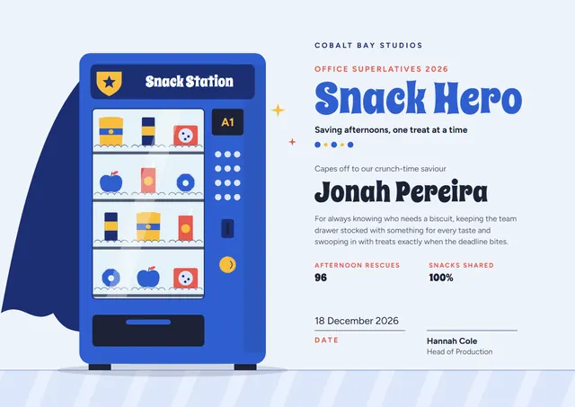 Steel Blue Starry Snack Hero Award template, A4 landscape, in steel blue