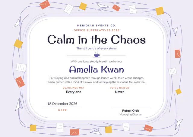Coral Wave Calm in the Chaos Award template, A4 landscape, in coral
