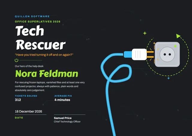 Lime Starry Tech Rescuer Award template, A4 landscape, in lime