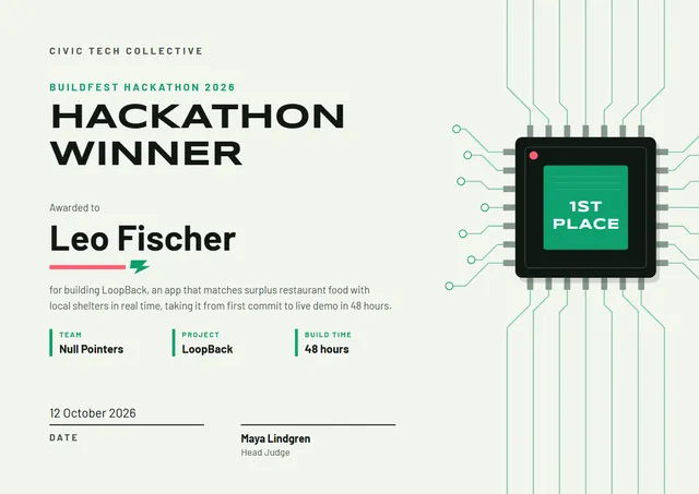 Jade Modern Hackathon Winner Certificate template, A4 landscape, in jade