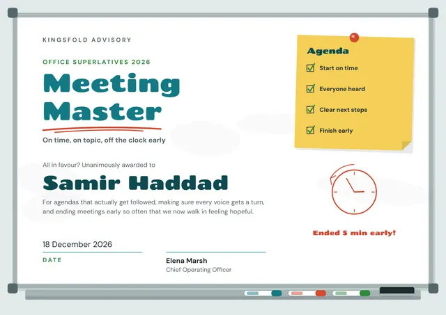 Teal Sunburst Meeting Master Award template, A4 landscape, in teal