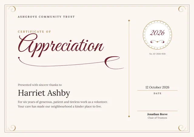 Burgundy Medal Certificate of Appreciation template, A4 landscape, in burgundy