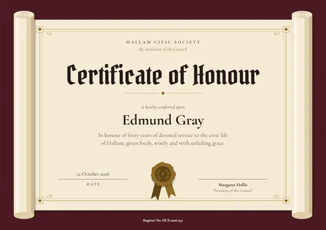 Burgundy Laurel Certificate of Honour template, A4 landscape, in burgundy