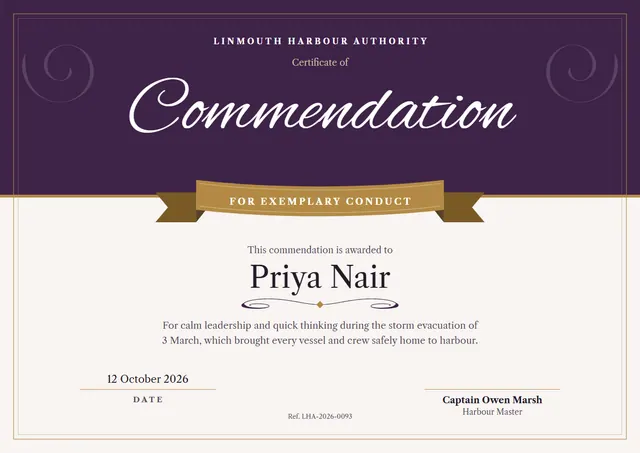 Plum Ribbon Certificate of Commendation template, A4 landscape, in plum