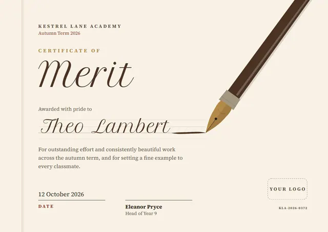 Chocolate Script Certificate of Merit template, A4 landscape, in chocolate