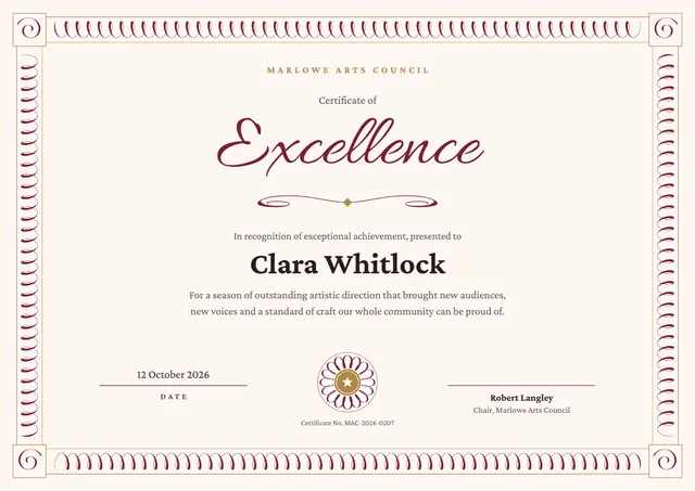 Burgundy Rosette Certificate of Excellence template, A4 landscape, in burgundy
