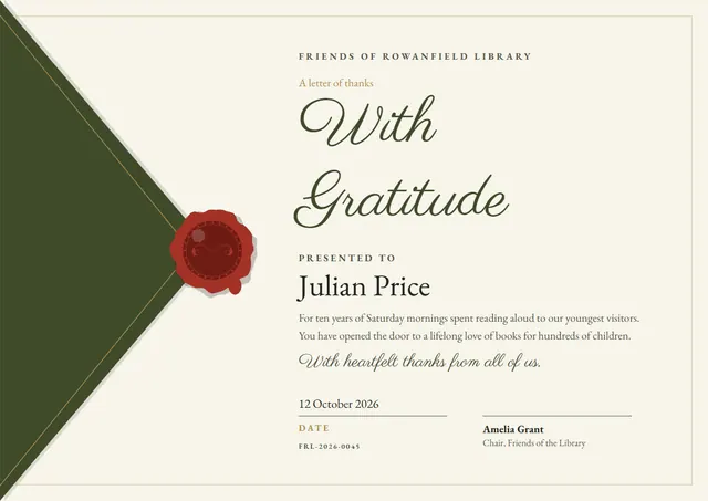 Olive Seal Certificate of Gratitude template, A4 landscape, in olive