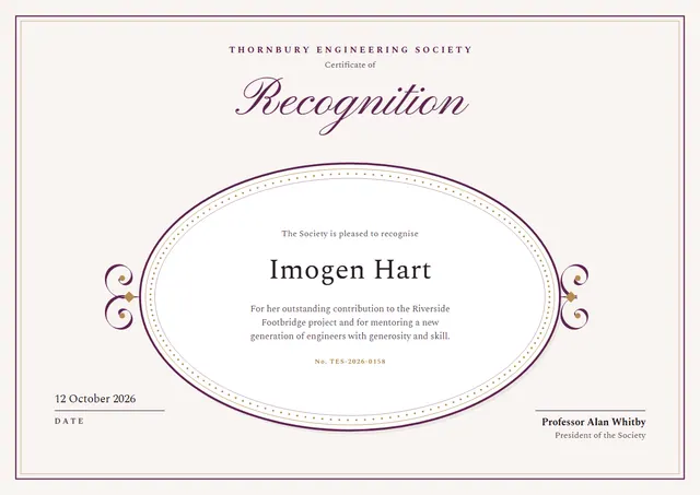 Plum Double-Border Certificate of Recognition template, A4 landscape, in plum