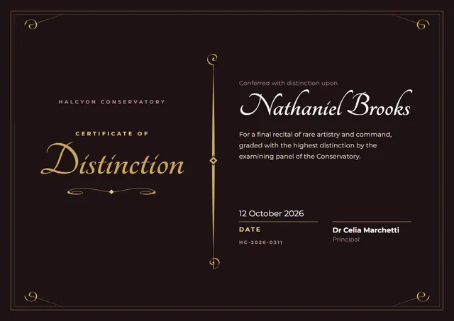 Gold Ornate Certificate of Distinction template, A4 landscape, in gold