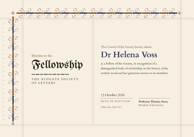 Navy Sunburst Fellowship Certificate template, A4 landscape, in navy
