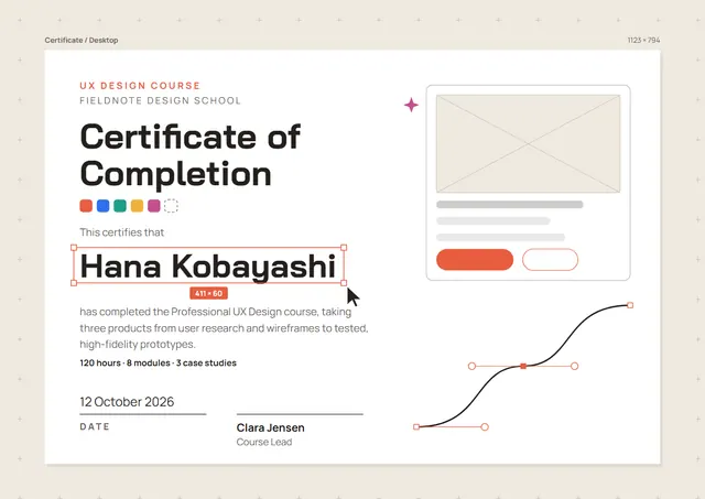 Coral Starry UX Design Course Certificate template, A4 landscape, in coral