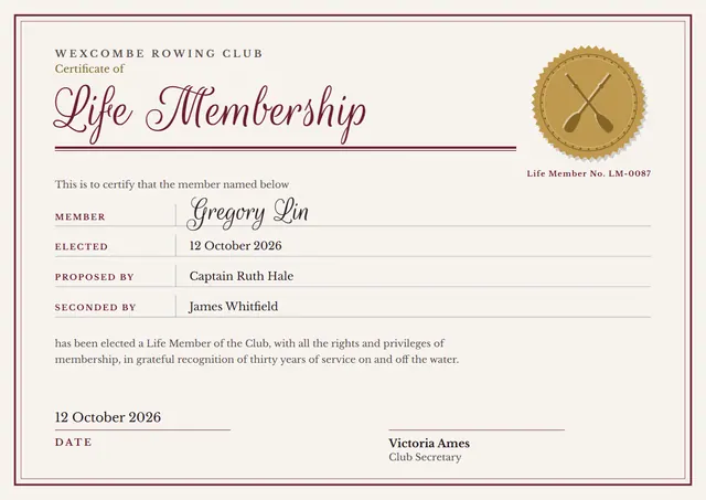 Burgundy Seal Life Membership Certificate template, A4 landscape, in burgundy