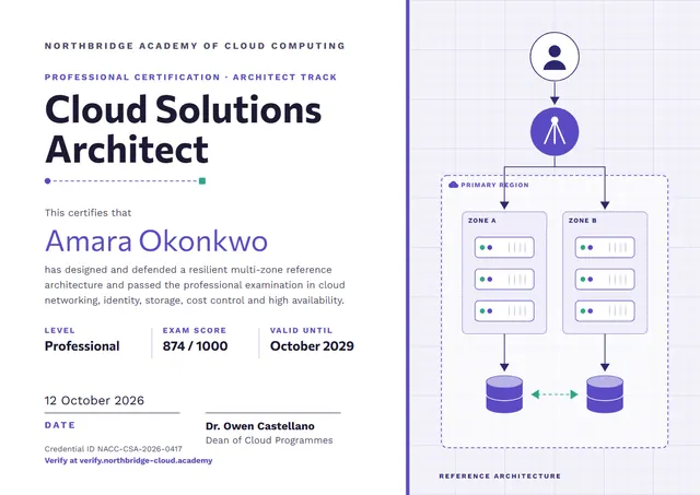 Indigo Geometric Cloud Solutions Architect Certificate template, A4 landscape, in indigo
