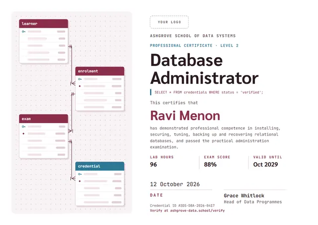 Pink Banded Database Administrator Certificate template, A4 landscape, in pink