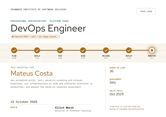 Bronze Chart DevOps Engineer Certificate template, A4 landscape, in bronze