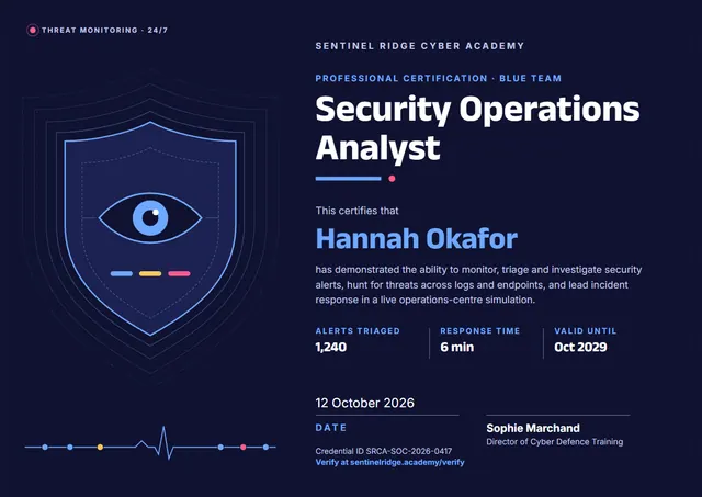 Midnight Badge Security Operations Analyst Certificate template, A4 landscape, in midnight blue