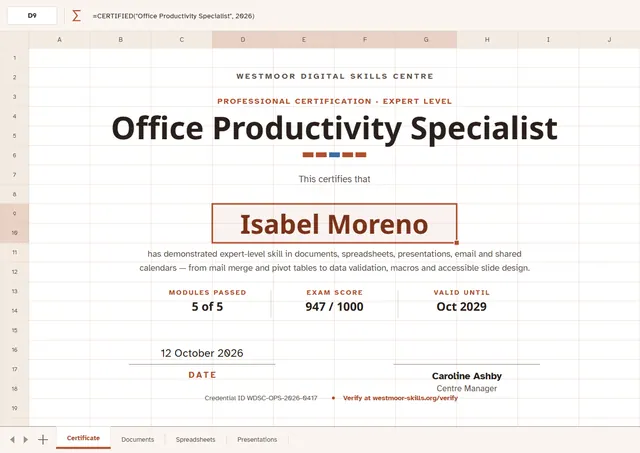 Chocolate Banded Office Productivity Specialist Certificate template, A4 landscape, in chocolate