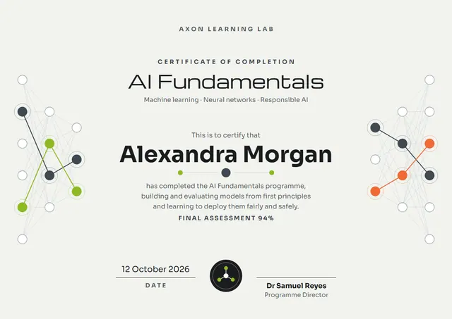 Lime Seal AI Fundamentals Certificate template, A4 landscape, in lime