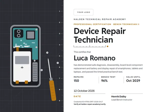 Turquoise Mountain Device Repair Technician Certificate template, A4 landscape, in turquoise
