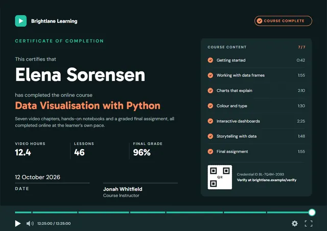 Black Wave Online Course Completion Certificate template, A4 landscape, in black