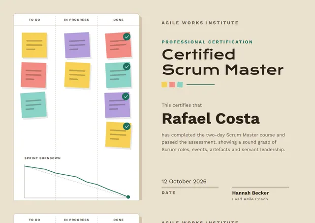 Gold Banded Scrum Master Certificate template, A4 landscape, in gold