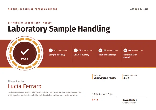 Brick Red Badge Competency Assessment Certificate template, A4 landscape, in brick red