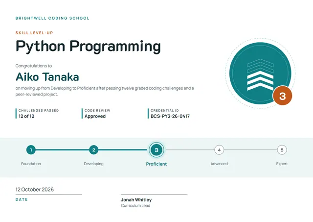 Teal Badge Skill Level-Up Certificate template, A4 landscape, in teal