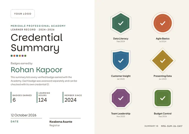 Jade Badge Credential Summary Certificate template, A4 landscape, in jade