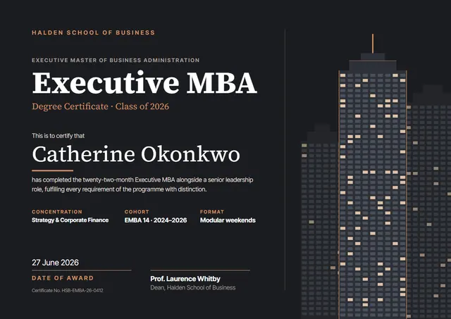 Orange Crown Executive MBA Certificate template, A4 landscape, in orange