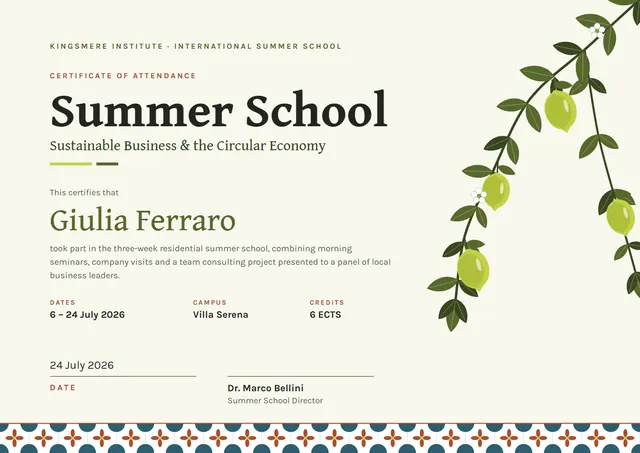 Olive Floral Summer School Certificate template, A4 landscape, in olive