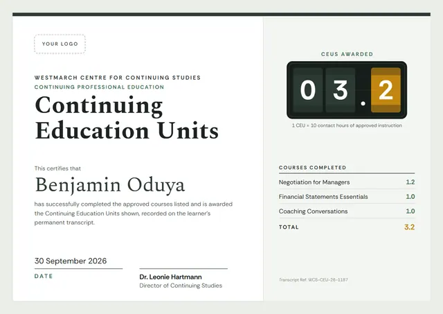 Black Banded Continuing Education Certificate template, A4 landscape, in black