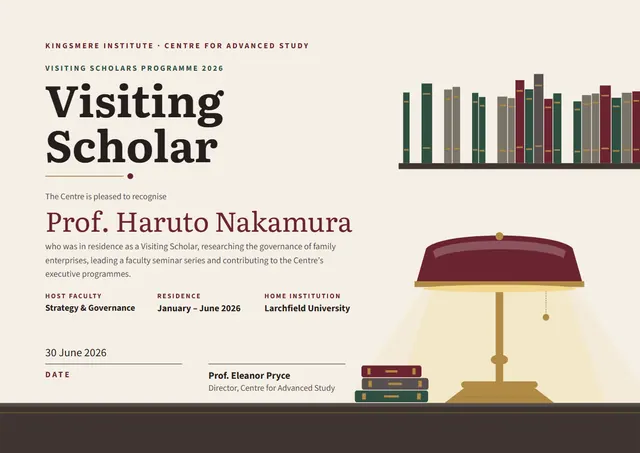 Burgundy Bookish Visiting Scholar Certificate template, A4 landscape, in burgundy