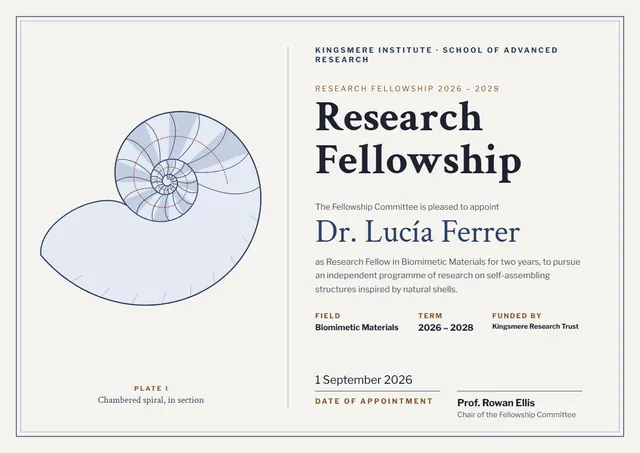 Navy Double-Border Research Fellowship Certificate template, A4 landscape, in navy