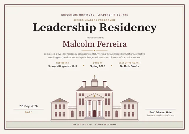 Chocolate Double-Border Leadership Residency Certificate template, A4 landscape, in chocolate