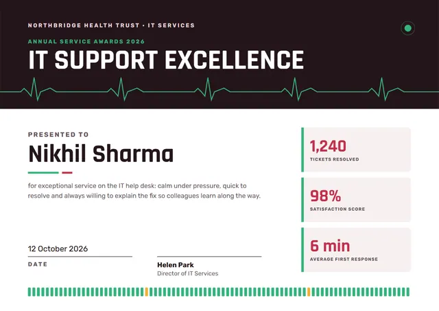 Black Chart IT Support Excellence Award template, A4 landscape, in black