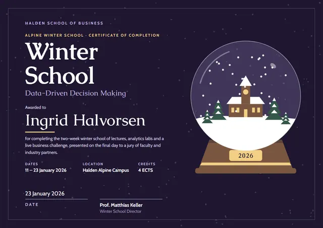 Midnight Mountain Winter School Certificate template, A4 landscape, in midnight blue